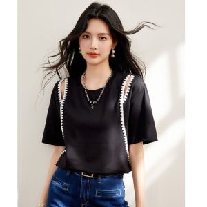 Black Pure Cotton Short Sleeve T-Shirt Womens Loose Large Size Shoulder Bared round Neck Half Sleeve Body Top Summer New Arrival