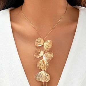 Vintage Gold Color Leaf Copper Wire Long Tassel Collar Chest Chain Necklace for Women Punk Party Choker Necklace Jewelry Gift