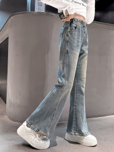 Girls Fleece Lined Flared Jeans Thickened Fashionable Korean Style Childrens Bootcut Pants High Waist Long Trousers for Kids