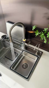 304 Stainless Sinki Dapur Dragon Scale Surface Kitchen Sink With Digital Display Pull-out Faucet 水槽