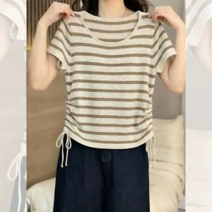 Color Stripe Korean Style Waist-Cinching T-Shirt