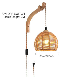 Plug in Wall Lamp Farmhouse Wicker Wall Light Plug in Hand Woven Rattan Sconce Rustic Wall Lighting for Living Room Bedroom