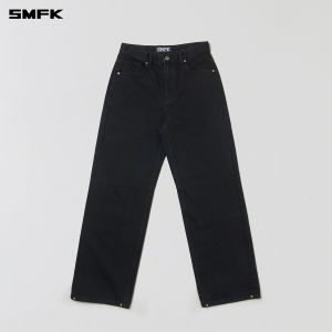 SMFK | Cross Statue Design Wide Straight Water Washed Classic Mid Waist Jeans