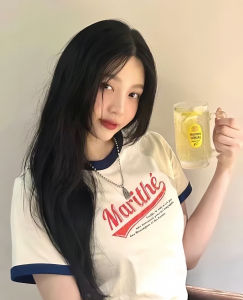 Marithe Korean Summer New Arrival: Simple Embroidered Splice Color Round Neck Short Sleeve T-shirt for Women