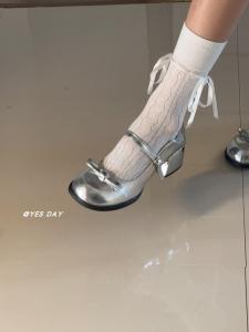 Silver Butterfly Knot Mary Jane Shoes Womens Thick Bottom round Head Fashionable All-Match Small Leather Shoes Autumn New Style