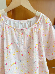 ชุดนอนผ้าฝ้ายแท้ลายกระต่ายน่ารักสำหรับฤดูร้อน เสื้อผ้าสำหรับใส่อยู่บ้าน แขนสั้น ระบายอากาศได้ดี คอกลม แขนสั้น กระโปรงสั้น