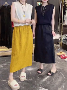 Yellow Linen A-Line Midi Skirt Womens Autumn New plus Size Hiding Hip Slimming Mid-Length Korean Style Breathable Skirt