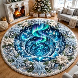 VIKAMA Christmas Round Rug Gnome Patchwork Snowflake Poinsettia Area Rug Living Room Holiday Home Decor Aesthetic Art Premium