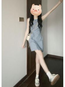 Đầm ngắn CHANGTONG không tay kẻ caro màu xanh ôm sát thắt eo phong cách Hàn Quốc