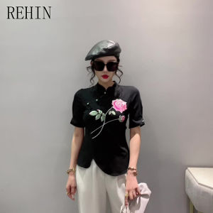 REHIN Summer new embroidered Retro-style slim-fit short-sleeved T-shirt high-end elegant slim S-3XL tops