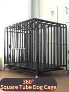 Square Tube Pet Cage Large Metal Dog Cage Stainless Steel Large Free Space Dog Cage with 4 Wheels Foldable Pet Cage