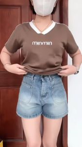 Áo Thun Cổ Tim Nữ [B12] Form Vừa 40~60kg Sọc Chữ Thêu Vải BORIP Cotton Mềm Mịn Co Dãn 4 Chiều [MInMIN]