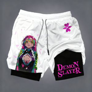 Bandai | Demon Slayer Sports Double Layer Shorts Summer New Cartoon Printed Fitness Swimming Sweat Trend High Elasticity 2-in-1 Shorts