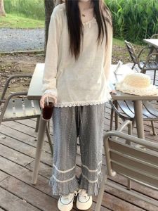 Áo Thun Dài Tay Ren Viền Rộng Rãi Cho Nữ Mùa Thu Phong Cách Mới Cổ Tròn Tay Dài Mỏng Kiểu Dáng Đơn Giản Màu Trơn