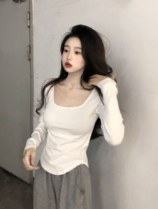 Plus Size Womens Clothing K-style Chubby Girl Silm Slim Looking Pure Color Square Neck T-shirt Autumn Simplicity Fashion All-Match Long Sleeves Tops