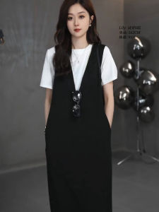 Elegant Loose Black Strapless Dress Womens Summer New plus Size Casual Versatile Set A-Line Midi Skirt V-Neck Sleeveless