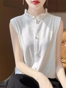Elegant Knitted Wool Blend Vest Top with Lace Collar Sleeveless Womens Fashion Commute Style Korean Straight Cut Suit Base Shirt
