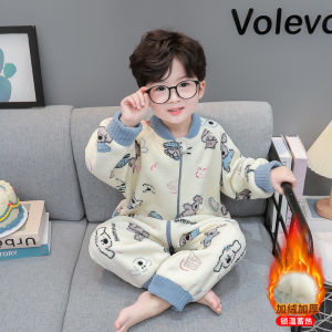Kids Coral Velvet Pajamas Autumn and Winter Boys Overall Thickened Baby Winter Sleeping Bag Flannel Home Wear