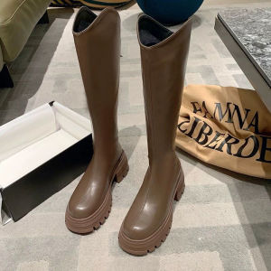 Giày Bốt Cao Gót Chelsea Cổ Điển Cho Nữ Mùa Thu Đông Đế Dày Mũi Tròn Cao Đến Đầu Gối Giày Bốt Chelsea Cổ Điển