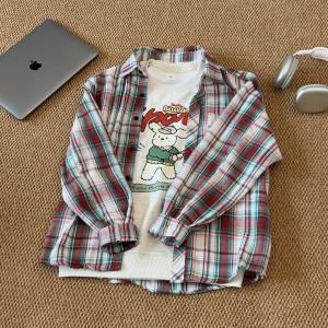 Bộ Đồ Hai Mảnh Quần Áo Trẻ Em PUPPY Baseball Dog Plaid Sweatshirt Polo Cổ Điển Phong Cách Nhật Bản Rộng Rãi Thoải Mái Thường Ngày