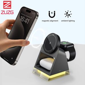 ZUZG Wireless Charger 3 in 1 Wireless Charging Station with Night Lamp Wireless Charger iPhone 16/15/14/13/12 Series Wireless Charger Stand Apple Watch 10/Ultra/9/8/7/6/5/4/3/2/SE AirPods 4/Pro/3/2 Samsung Buds