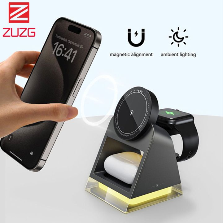 ZUZG Wireless Charger, in Wireless Charging Station with Night Lamp,  Wireless Charger iPhone 16/15/14/13/12 Series, Wireless Charger Stand Apple 