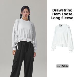 Drawstring Loose Long Sleeve Drop Shoulder Puff Sleeve T-Shirt