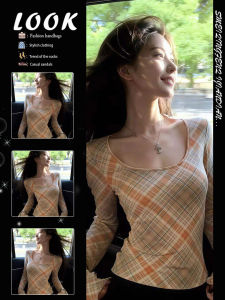 American Hot Girl Style Checkered Mesh U Neck Slim T-Shirt