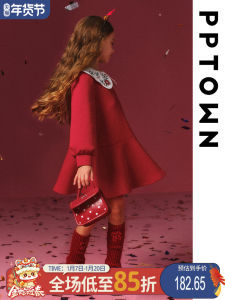 Red Princess Dress for Girls New Year Visit Clothes Childrens Fashionable Winter A-Line Skirt Polyester Cotton Spandex Blend