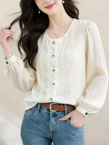 New Chinese Style Womens Shirt White Round Neck Long Sleeve
