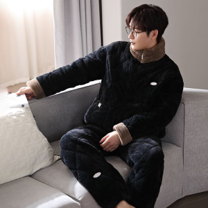 MiiOW | Catman Coral Fleece Mens Sleepwear Thickened Three-layer Cotton Warm Flannel Home Clothes Set Long Sleeve Zipper Closure Solid Color
