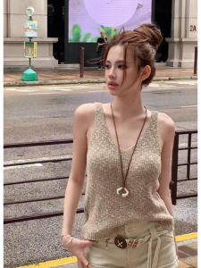 YUEZHONGWEI | Slim Fit V-Neck Ice Silk Linen Knitted Tank Top Women Summer Outerwear Sleeveless Vest Fashionable Commute Style Casual Wear