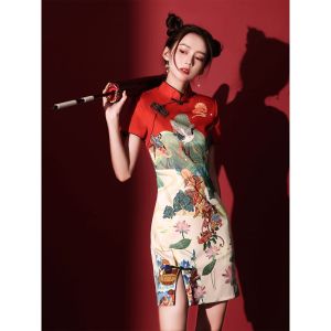 QM Red Printed Chinese Style Wrap Cheongsam Women 2023 New Year Dress-YLK10