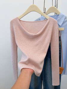 Pink One-Shoulder Long-Sleeve Knitted Top Womens Initial Autumn Inner Wear Slim Fit Clavicle Short Base Shirt Spring Autumn