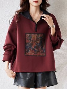 September Stray Ink Qingdao Jimo Angola Red Painted Print Half Zip Loose Hoodie Womens Top Commute Artistic Loose Fit Long Sleeve