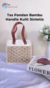 Tas Souvenir Pandan Kombinasi Anyaman Bambu Handle Kulit Sintetis