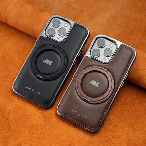 Genuine Leather Phone Case for Apple 16Promax Magnetic Suction Rotatable Stand Full Protection Anti-Fall Business Style for Men