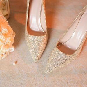 Giày Cao Gót Màu Vàng Thanh Lịch Cho Nữ Giày Đính Pha Lê Giày Cưới Giày Đính Giày Đính Cho Cô Dâu Giày Đế Cao Bằng Cao Su