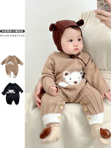 Cute Bear Embroidered Romper for Baby Boys and Girls Spring Autumn Knitted Cartoon Sweater with Long Sleeves for Children Ages 0-6
