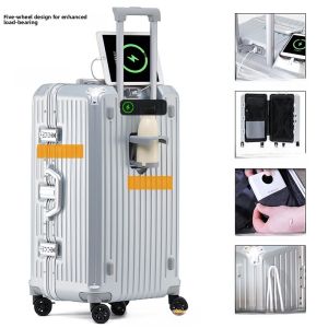 Large Capacity Thickened Aluminum Frame Charging Multi-Function Mens Luggage Fashionable Trendy Youth Travel Suitcase