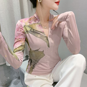 Yimei Áo lót cổ chữ V sang trọng nhẹ Áo thun in thon thời trang mới mùa thu 2023 tay áo dài áo lưới nữ