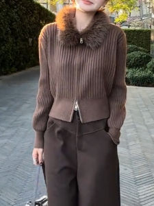 QINGNAER | Slimming Fashionable Brown Fur Collar Sweater