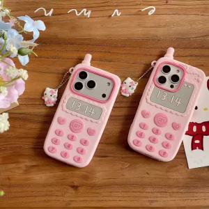 Sanrio | Cartoon Hello Kitty Pendant Telephone Phone Case For iPhone 17 16 15 14 13 12 Pro Max Plus 16 17E Shockproof Silicone Back Cover