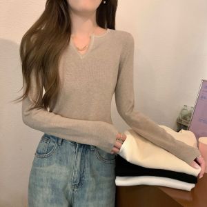 Fall Korean Style V-Neck Slim Fit Basic Long Sleeve Knitted Sweater Womens Base Layer Versatile Comfortable Breathable