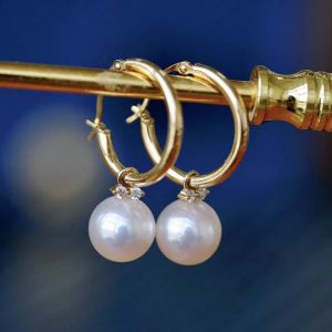 Montagne Jewelry 18k Pure Gold Earring Diamond Inset Design Fine Jewellery Natural 7.5-8mm Akoya Pearl Earring Drop Earrings