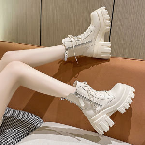 Giày Bốt Martin Đế Dày Đế Cao Gót Cho Nữ Mùa Thu Đông Mới Có Lót Lông Cừu Dây Buộc Gót Cao Giày Bốt Ngắn