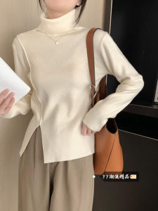 Womens High Neck Thickened Winter Knitwear Asymmetric Slit Base Layer Advanced Design Commute Style mid Thickness Pure Color