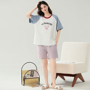 miiow | Pure Cotton Summer Sleepwear Womens Loose Short Sleeve Shorts Casual Lazy Style Home Clothes Set Can Be Worn Outside Cat Person