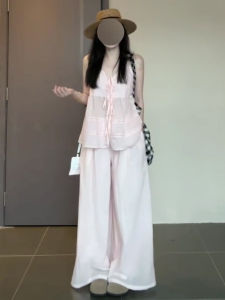 LIRUSHAN | Pink Vest Wide Leg Pants Set For Summer Wear