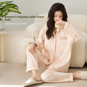 Miiow | Pure Cotton Sleepwear Womens Long Sleeve Cardigan With Chest Pad Anti-Bulge Home Clothes Comfortable Casual Style Autumn New